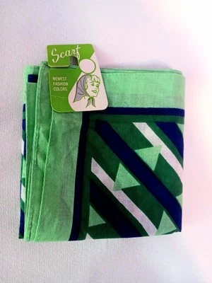 1960s Head Scarf Kerchief New With Tags Green Blue Geometric Design  - Image 1 of 3