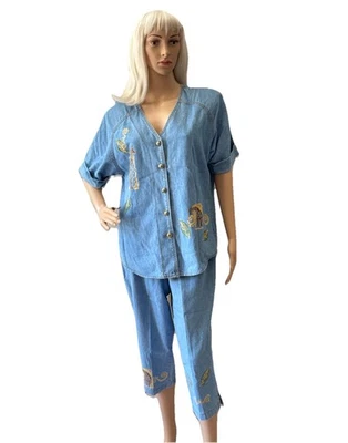 Conjunto de dos piezas capri y top de mezclilla pintado Monique Fashions vintage años 90 talla 14-16 Foto 1 de 4