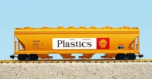 USA Trains R14117 SHELL 4-BAY Center Flow Covered Hopper, YELLOW, 3 Road #s - Picture 1 of 3