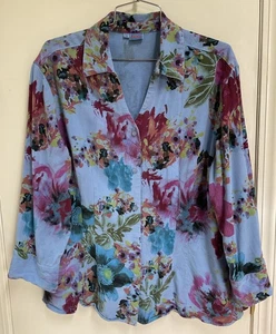 Tianello BLAU AQUARELL BLUMEN Kleidungsstück gefärbt Viskose Knopfleiste Damengröße L - Bild 1 von 6