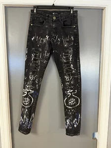 Waimea Mens Slim Skinny Jeans Graffiti All Over Print Black Denim Shimmer Size30 - Picture 1 of 10
