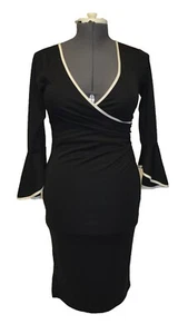 Tabloid Vintage 90s Black Bell Sleeve Faux Wrap Dress sz L - Picture 1 of 2