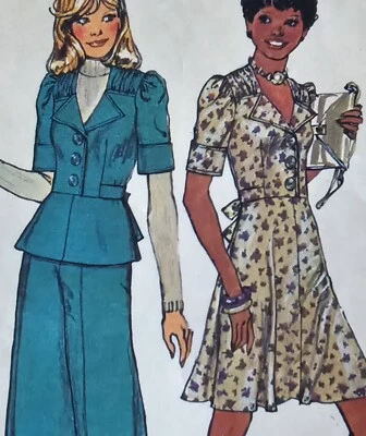 1970s Ruche Shoulder Puff Sleeve Peplum Coat Dres Simplicity 6607 Sewing Pattern - Image 1 of 3