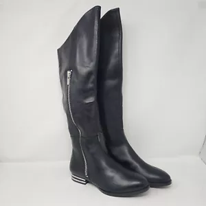 DKNY Leather Riding Boots Womens 6.5 Black Zip Shoes Knee High Biker Shoes - Picture 1 of 9
