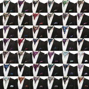 Classic Men's Ascot Cravat Tie Silk Paisley Blue Black Scarves Cravat Hanky Set - Picture 1 of 49