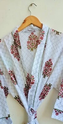 Белый красный цветочный хлопок кимоно платье макси платье индийский халат кимоно платье США - Изображение 1 из 4