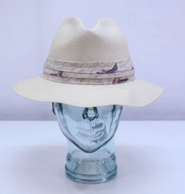 复古草编 Fedora 帽子 美国制造 纯象牙色 奶油布 禁令 男女通用 大号 — 第 1/4 张图片