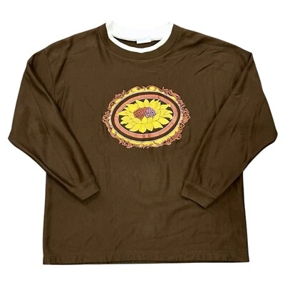 Vintage Bobbie Brooks Granny Sweatshirt Brown Fall Sunflower White Undershirt - Image 1 of 4