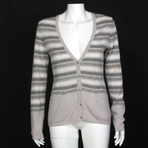 Christopher Fischer 100% Cashmere Cardigan Gray Taupe Stripe Womens Medium 479 - Picture 1 of 5