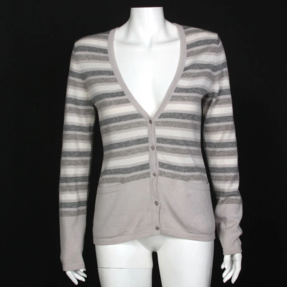 Christopher Fischer 100% Cashmere Cardigan Gray Taupe Stripe  Womens Medium 479 - Image 1 of 4