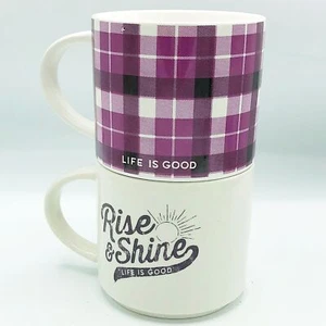 2er Set Life is Good stapelbare Rise & Shine und lila karierte Tassen - Bild 1 von 7