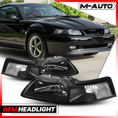 Pair LH+RH Replacement Black Housing Clear Headlight Lamp for 99-04 Ford Mustang - Image 1 of 4