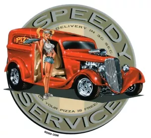 HOT PIZZA Pinup SPEEDY Delivery GIRL in 1930's Panel Wagon HOT ROD Sticker/Decal - Bild 1 von 1