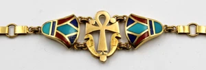 18K Yellow Gold Egyptian Revival Turquoise Lapis & Coral Ankh Bracelet 26.9gm - Picture 1 of 9