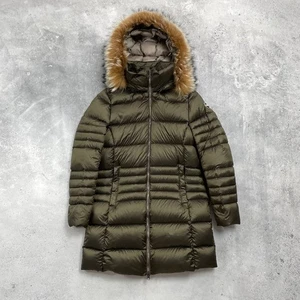 Colmar Mid-Length Down Jacket Women’s With Hood And Fur Trim Olive Green Size 42 - Picture 1 of 24