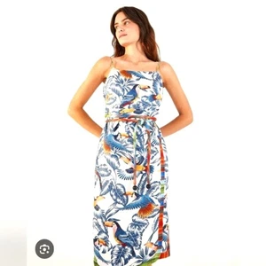 Farm Rio Flying Toucans tropisches buntes Leinen Midikleid Gr. XL - Bild 1 von 6