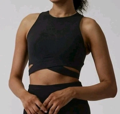 Athleta Cut Out Crop Top Bra Longline Black Strappy Sports Sz L Large Racerback - Image 1 of 4