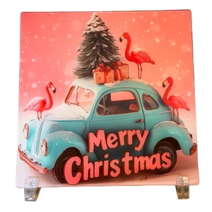 Insegna Buon Natale 8x8 Vetro Con Fenicottero Rosa Con Albero Auto Regali - Foto 1 di 4