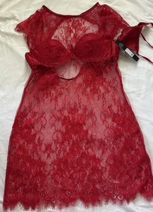 NWT Fashion Nova Chemise Set Teddy Panties XL Red Satin Lace Dress Lingerie Bra - Picture 1 of 14