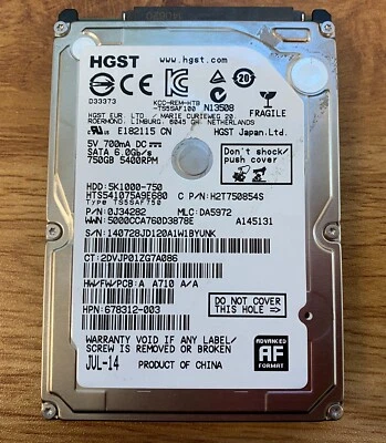 HGST 750GB 2.5" 5400RPM SATA HARD DRIVE 5K1000-750 HTS541075A9E680 *AS IS* - Image 1 of 4