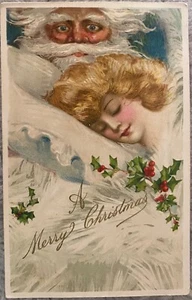 SANTA CLAUS WATCHES SLEEPING BLONDE BEAUTY-SAMUEL SCHMUCKER CHRISTMAS POSTCARD - Foto 1 di 3