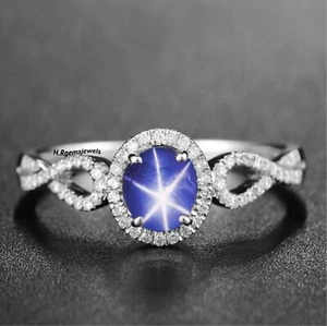 Star Sapphire Ring 925 Sterling Silver Ring Lab Created Blue Star Sapphire Ring - Picture 1 of 4