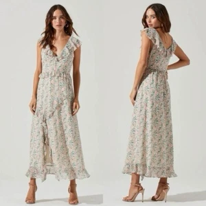 Abito midi nuovo con etichette ASTR The Label Tempest floreale con volant bianco sporco blush taglia S - Foto 1 di 15