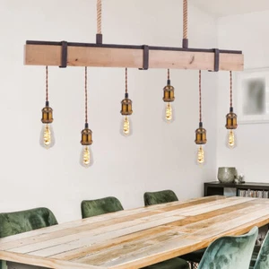 Luce a Sospensione Legno Retrò Plafoniera Sala da Pranzo Ruggine 6 Fiamma - Foto 1 di 12