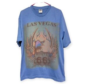 Route 66 Las Vegas Mens Size Large L Graphic Shirt Blue T Shirt Short Sleeve