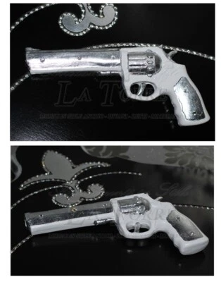 Arma pistola a tamburo Revolver in ceramica Argento e Bianco con swarovski PR33 - Immagine 1 di 2