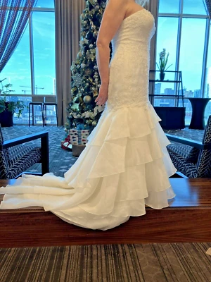 Melissa Sweet Beaded Ruffle Trumpet Mermaid Lace Strapless Train Wedding Gown 12 - Image 1 of 4