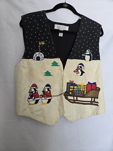 Vintage Karen Scott 100% Cotton Christmas Vest Embroidered Penguins And... - Picture 1 of 10