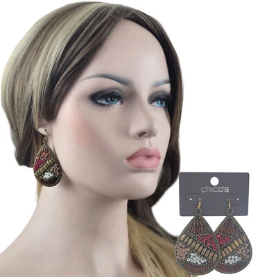 Pendientes colgantes Chicos grandes de latón rojo marrón con cuentas mosaico lágrima 2 5/8" nuevos sin etiquetas Foto 1 de 4