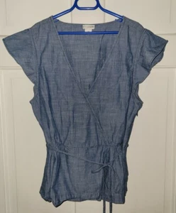 J BY JCREW chambray Blue Cotton Blend faux Wrap Tie Waist Top. Girls 12 - Picture 1 of 5