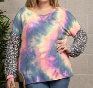 Tie Dye SIZE 1X T Shirt Top WOMENS PLUS Long Sleeves 1XL Blue Pink Orange Yellow - Picture 1 of 3