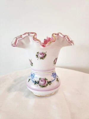 Fenton Charleton Hand Painted Crest Milk Glass Vase - Image 1 of 4