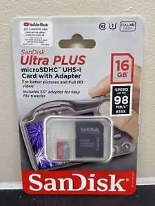SanDisk 16GB Ultra Plus Micro SDHC UHS-1 Memory Card with Adapter speed 98 MB/s - Picture 1 of 5