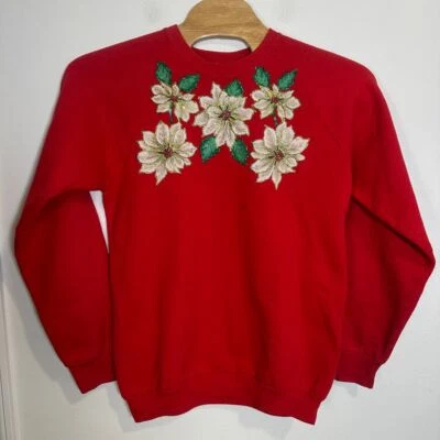 Sudadera Fruit of the Loom Vintage Roja Navidad Poinsettia Vacaciones Festivas XL Foto 1 de 4