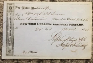1860 Antique New York & Harlem Railroad Stock Certificate Receipt Horse Drawn - Picture 1 of 4