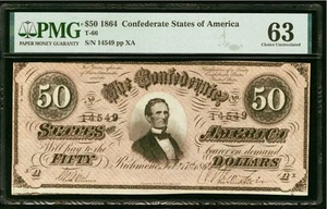PMG CU63. T-66 $50 1864 Confederate States Civil War Obsolete Banknote Currency - Picture 1 of 5