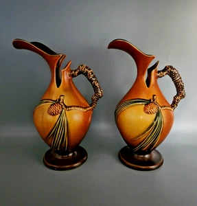 Pair of Vintage Roseville Pottery Pinecone 10" Ewers Design 909 - Picture 1 of 24