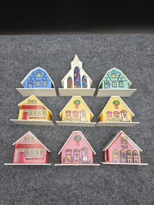 Vintage 9pc Alpine Village Christmas Light Covers Houses Church Plastic - Picture 1 of 4