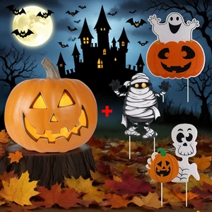 9" Halloween Pumpkin Jack O lantern & 3Pcs Pumpkin Ghost Monster Yard Sign Stake - Picture 1 of 9