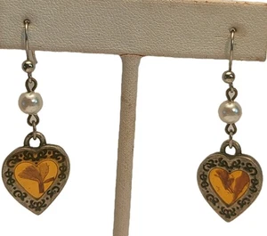 Vintage Heart Shape Dried Flower Dangle Fashion Fish Hook Earrings Pair Western - Picture 1 of 6