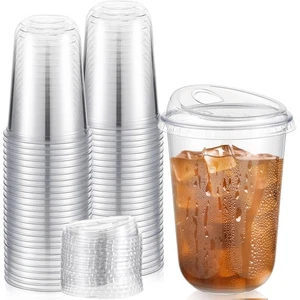 50 Sets Clear Plastic Coffee Cups with Sip Lids, Disposable Plastic PET Cryst... - Picture 1 of 6