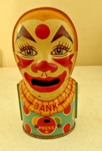VINTAGE CHEIN DOSE MECHANISCH BANK CLOWN STRECKT ZUNGE HERAUS, UM MÜNZE HERGESTELLT IN DEN USA - Bild 1 von 8