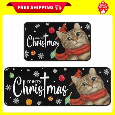 Decoraciones de Navidad para Hogar Gato Feliz Navidad Juego de 2 Alfombras de Cocina, Feliz Foto 1 de 4