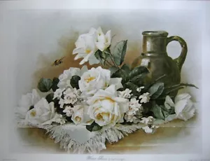 art print~WINTER ROSES~Paul deLongpre~vtg repr white flowers bee Victorian 23x18 - Picture 1 of 1