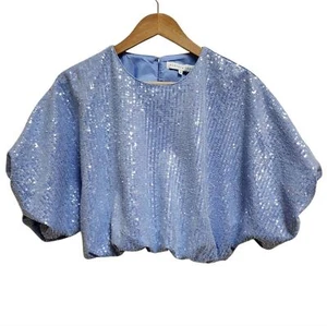 Top rosa infinito donna M blu paillettes crop orlo a bolla manica a sbuffo festa scintillante - Foto 1 di 10