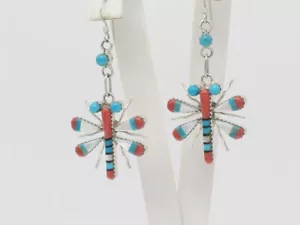 Native American Zuni Handmade Sterling Silver & Multi-Stone Dragonfly Earrings - Picture 1 of 8